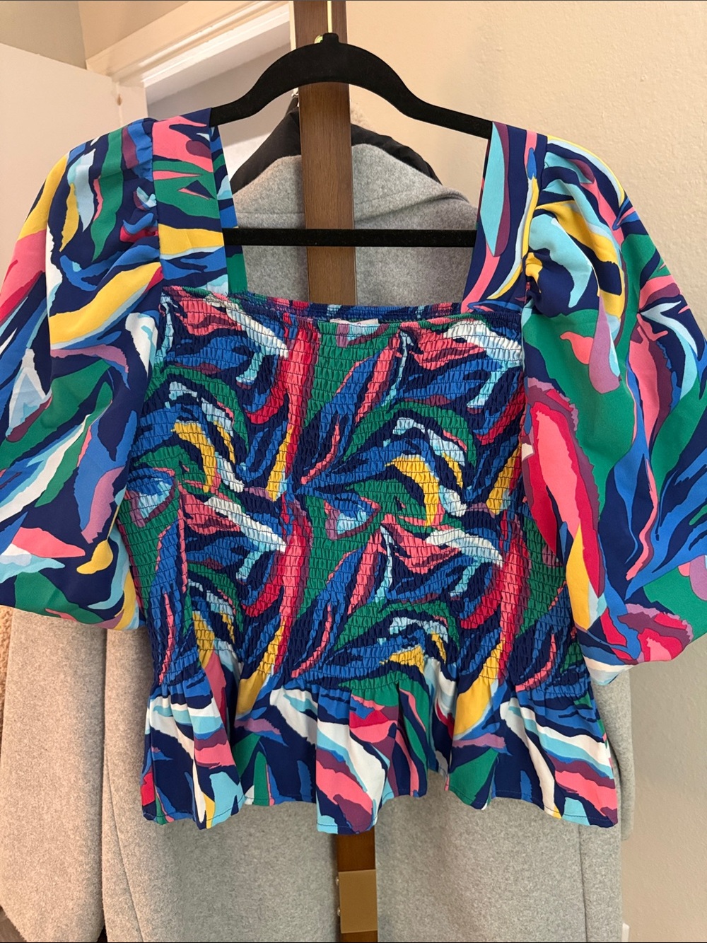 Multicolor Smocked Square-Neck Puff Sleeve Blouse